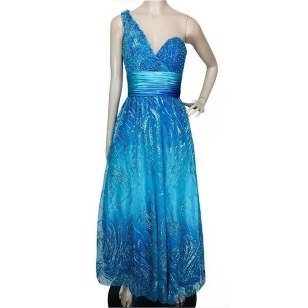 Cachet Blue Ombre Beaded One Shoulder Ruched Sparkle Princess Dress Size 0